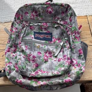 Jansport Gray Backpack with Pink and Green Floral Pattern